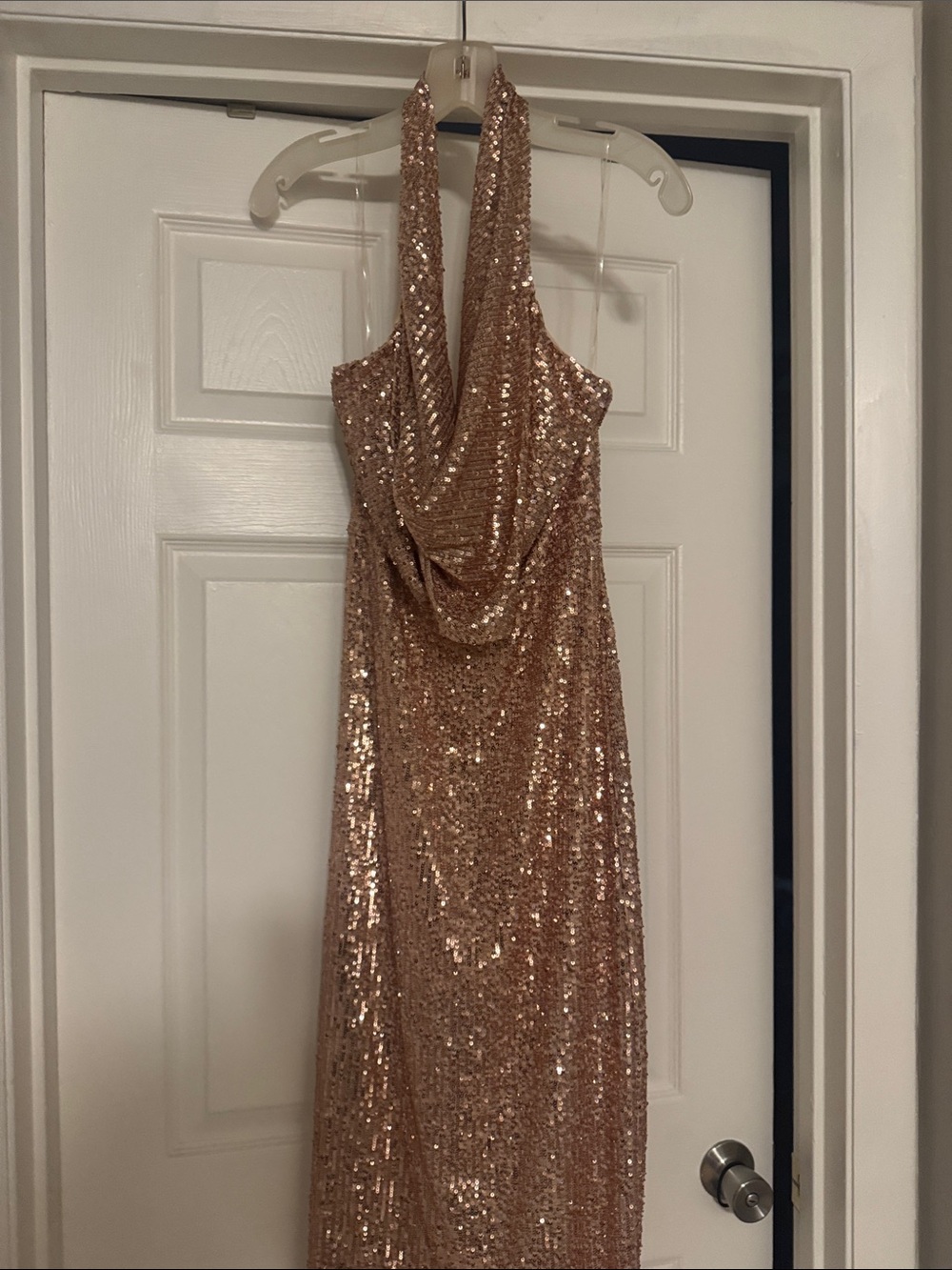 bebe Rose Gold Sequin Halter Midi Dress